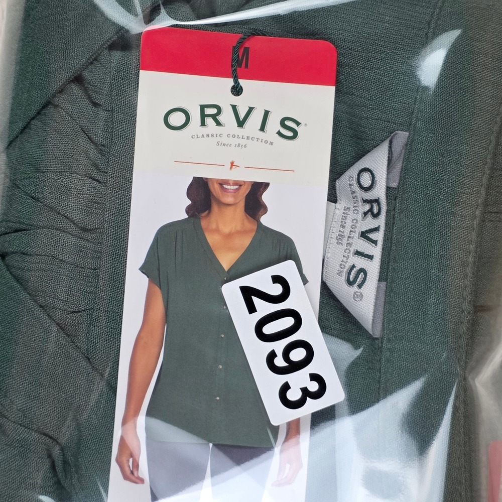 Orvis Womens Green Short Sleeve Button Up Blouse Crinkle Texture Top Medium NEW - Picture 9 of 9